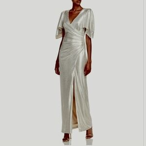 New Eliza J Metallic SILVER short flutter sleeve Slit dress Gown 4